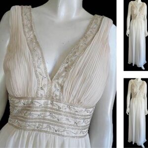 Oleg Cassini Ivory Formal Dress Elegant Cream Maxi Silver Accents Size 10
